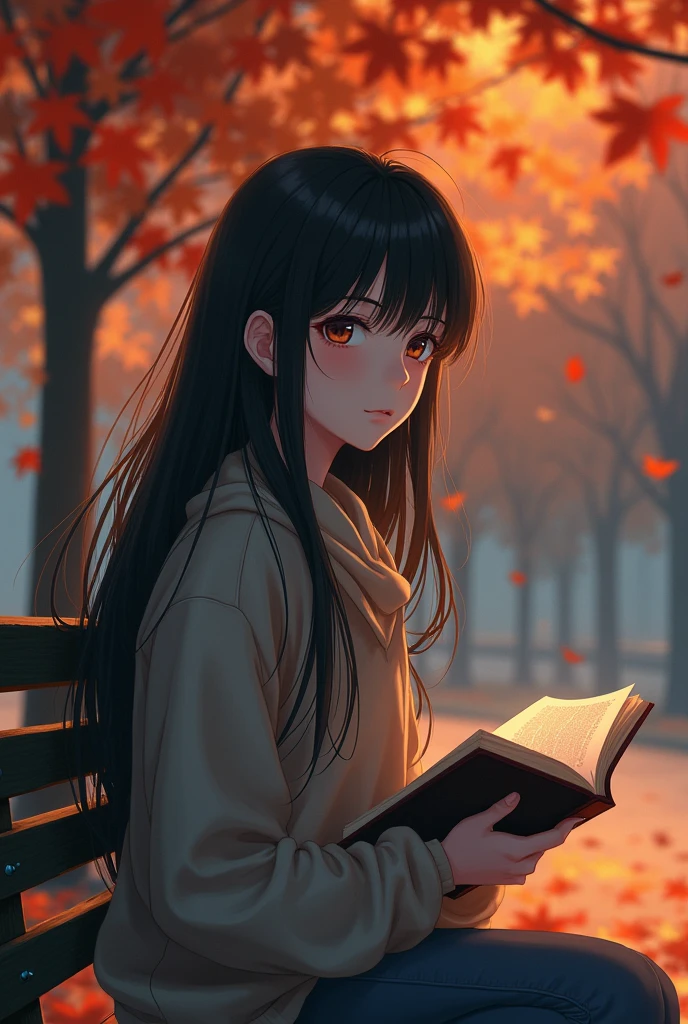 Asian japanese
At home
- 「Girl with long black hair。」
- 「Cheeks are slightly red。」
- 「Slightly bigger eyes。」
- 「evening、sitting on a park bench。」
- 「Autumn leaves behind々。」
- 「The book is in hand。」
- 「Smiling and gazing into the distance。」