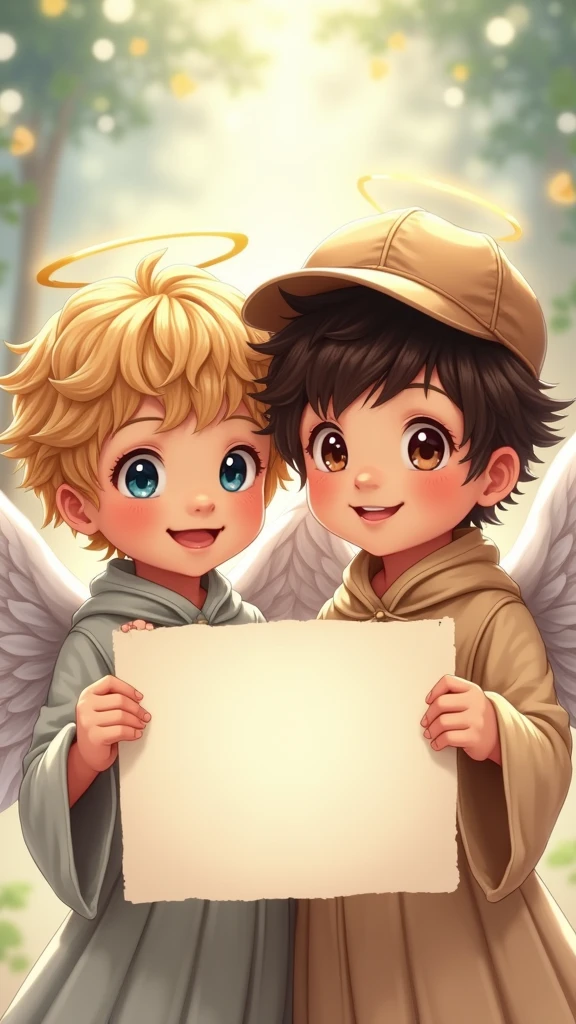 two beautiful and cute boy angel, 1 blond hair with blue eyes, 1 dark brown hair with brown eyes, with cap, holding up a sign  , joyful, happy, anime illustration, photorealistic, oil painting