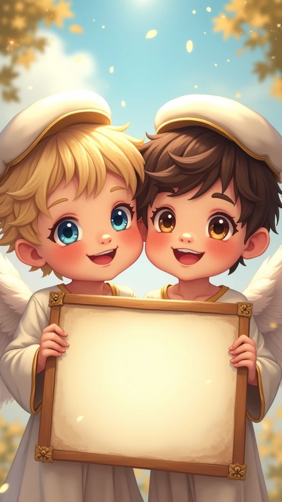 two beautiful and cute boy angel, 1 blond hair with blue eyes, 1 dark brown hair with brown eyes, with cap, holding up a sign  , joyful, happy, anime illustration, photorealistic, oil painting