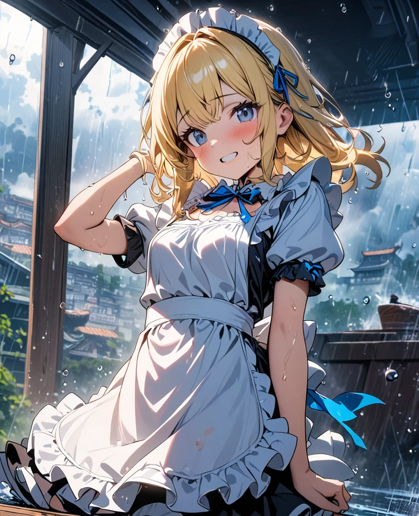 (8k, super high quality, masterpiece), (detailed), One Woman, Small breasts, blonde, cute, A little longer, Blue ribbon, Apron dress, black and white maid outfit, gilded accents, Fantasy, Beautiful background, heavy rain, typhoon, soaked, Water droplets all over the body, Date, Childlike, The best smile, Mouth is open, Embarrassing, 