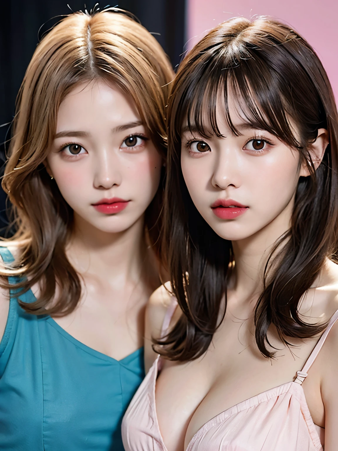 2girl,dress、Angle of view for bust up、beautiful shoulders、zoom out、soft curl hairstyle、high resolution、thin waist、high tone hair color、korean idol、realistic eyes、beautiful eyelashes、High resolutionの顔、pink background、20 years old、pink dress stay piece, best quality, illustration, Super detailed, fine details, High resolution, 8K Dende Wallpaper, beautiful detailed eyes, random cute hairstyles, C cup breasts, natural color lip