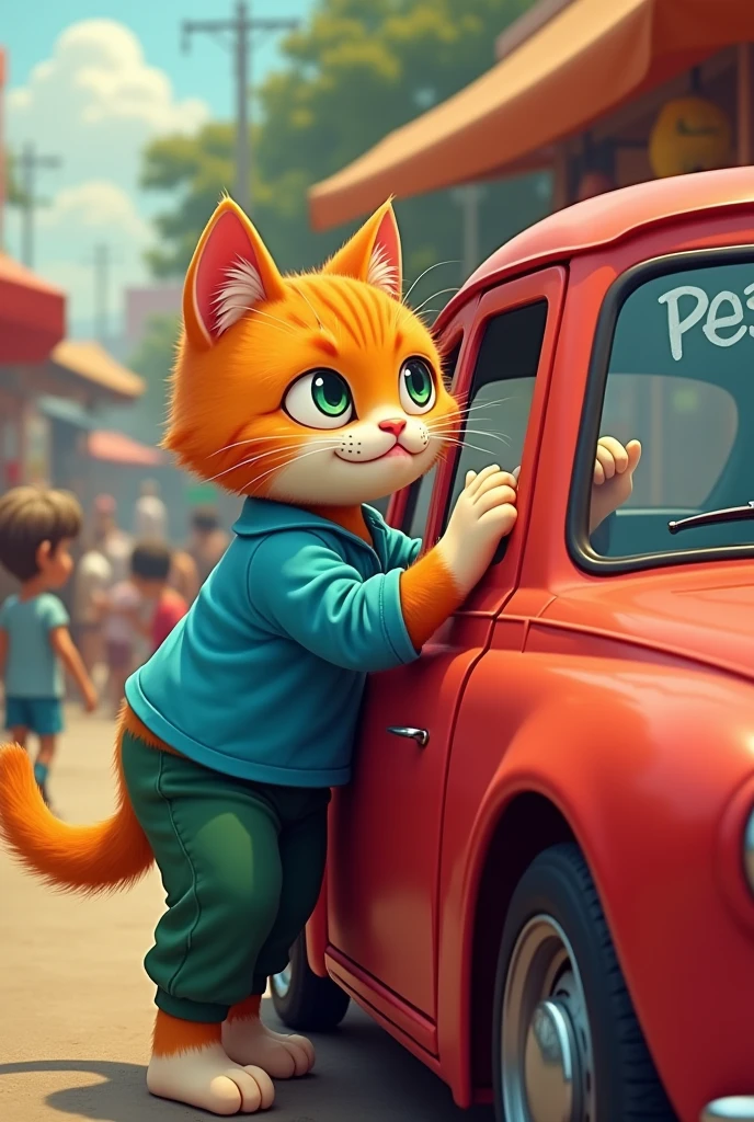 An orange male cat wearing a blue shirt and green pants is cleaning the windows of a red car at a market.