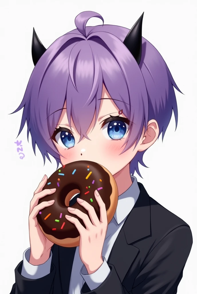 anime art, cute boy with bright purple hair, blue eyes, wearing a black jacket, and has black small devil horns, biting,is biting chocolate donuts,white skinned and short haired ,white background