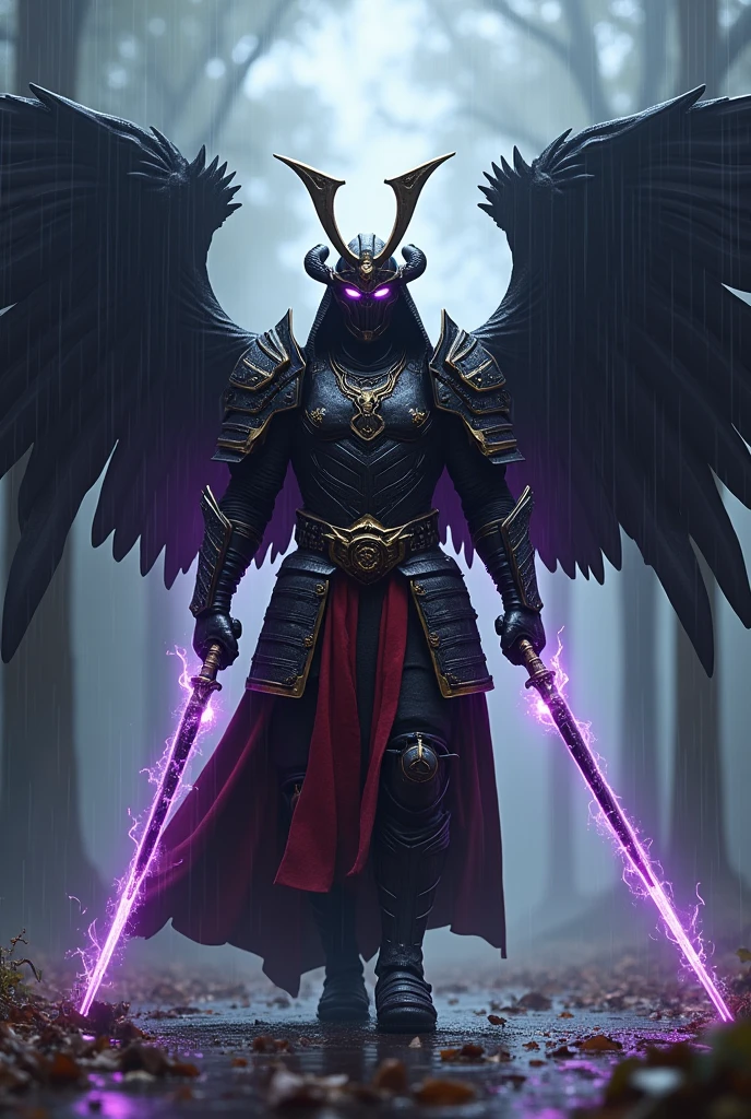 no visible face, no visible mouth, full samurai armor, 1 man, flaming eye, fantasy, edo era samurai armor angel, samurai helmet, heavy armor with neon highlights, rain, foggy forest, scenery, black and red armor, black and gold armor, fighting, swords katana, samurai angel armor, 4 huge black angel wings, sparks flying, good anatomy, purple glow, wearing edgDeathKnight samurai armor, edgDeathKnight samurai armor., more_details:-1, more_details:0, more_details:0.5, more_details:1, more_details:1.5, r1ge, rage mode