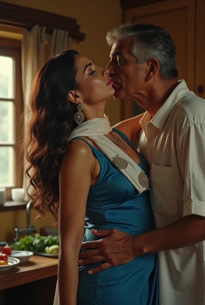 photo of Hot Indian Girl, Wearing Blue Sleeve less Tight Kurti and White Stole around her neck, Large U Cut cleavage exposed, Standing in the Kitchen and cutting Vegetables, Turning her head back and Kissing a Old Man standing Behind Sensually on Lips.