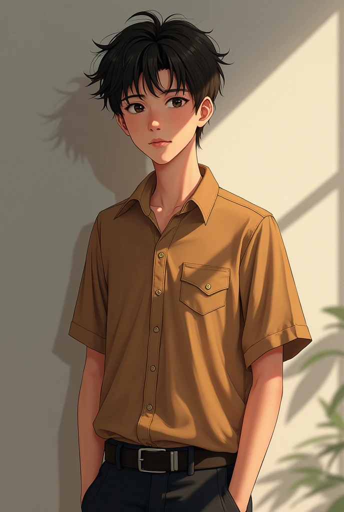 A boy around 15 to in brown shirt and black pant