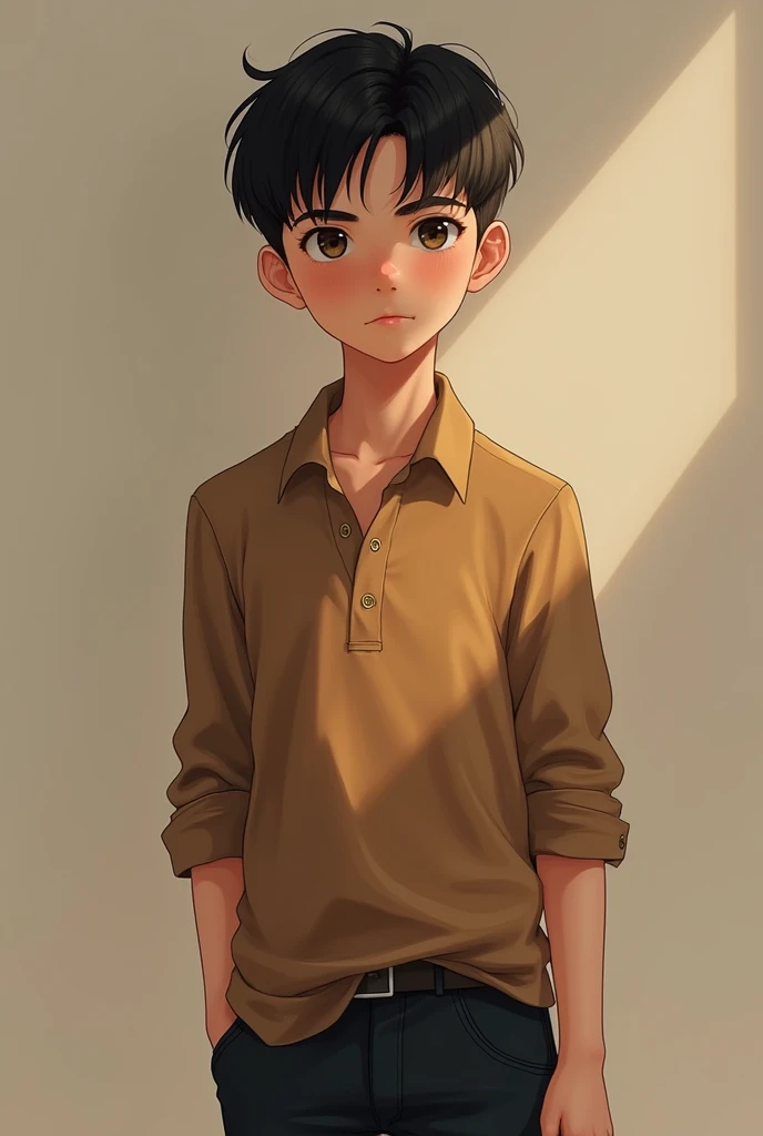 A boy around 15 to  in brown shirt and black pant