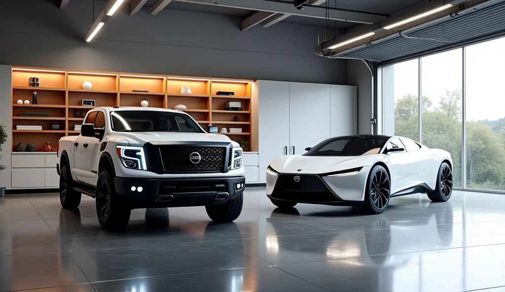 garage room park a nissan truck, modern electric car, double cabin, image luck like real and room note a luxury 
