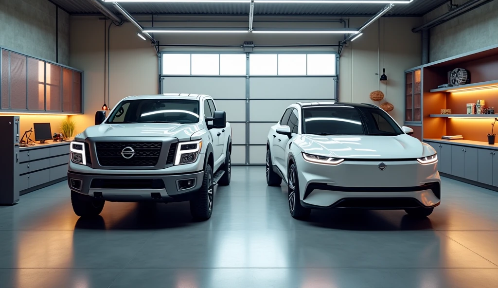 garage room park a nissan truck, modern electric car, double cabin, image luck like real and room note a luxury