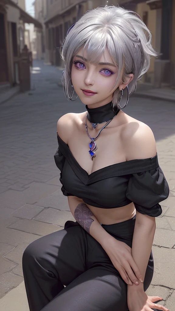 solo, High resolution, chest, Shortcuts, Silver Hair、Purple eyes, masterpiece, Bob Hair, Asymmetrical bangs, chest, Hoop Earrings, 8k octane, off-the-shoulder black shirt、Camel-tone Sabrina pants、Old Townscape、Tattoo on neck and shoulders、Crouch on the ground、smile