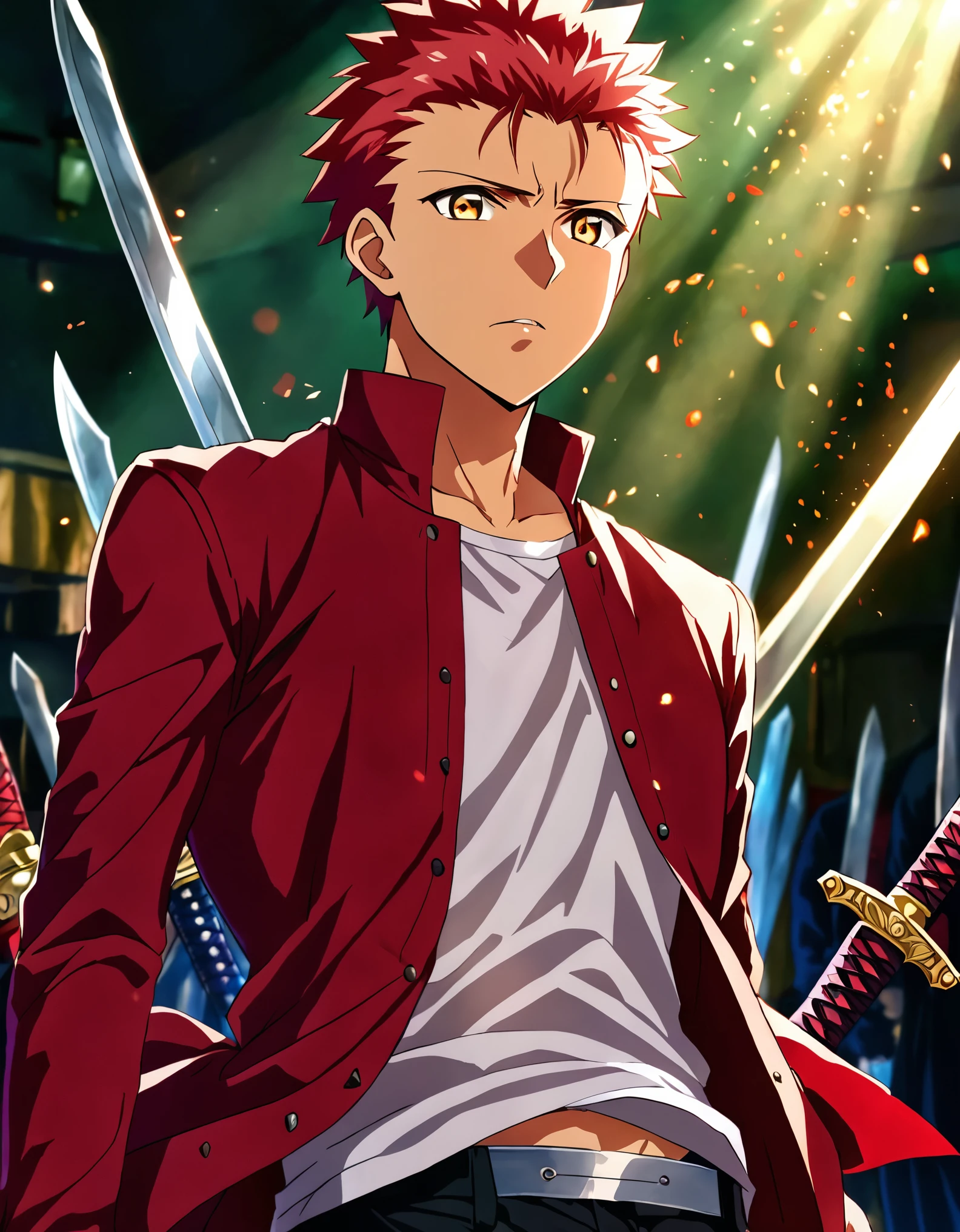 1boy, solo, redhead, Shirou Emiya, fate stay night, black pants, white shirt, black jacket, casual look, surrounded by swords, (best quality,4k,8k,highres,masterpiece:1.2),ultra-detailed ,intricate details,sharp focus,studio lighting,vibrant colors,dramatic lighting,cinematic composition