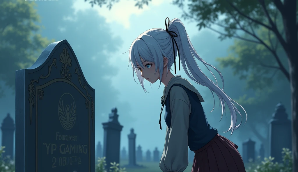 I have everything to do, A woman who is at least 19 or 20 years old, Genshin Impact Characters, White hair on a ponytail, blue eyes, Leaning in the cemetery, She looked sad. She looked at the grave. The grave belongs to Yip Gaming, Genshin Impact Characters. Genshin Impact Art.