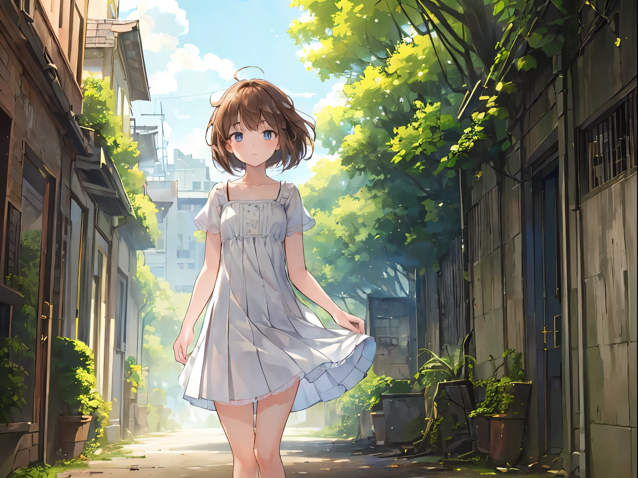 (masterpiece:1.2), best quality, highres, original, (extremely detailed:1.2), ultra-detailed, wallpaper, perfect lighting,(extremely detailed CG:1.2), 8k, anime illustration, 1boy, solo, crossdressing, (brown hair, Bob hairstyle,haircut:1.1), (white knee-length dress, summer dress, pleated dress, short sleeves, lace hemline, black line bottom the dress, delicate dress, flat chest:1.2), walking in urban ruins, (urban ruins filled with natural vibes:1.2), (anatomically correct:1.5), full body, (cityscape background:0.8), overgrown plants, crumbling buildings, sunlight filtering through trees, peaceful expression, sunny
