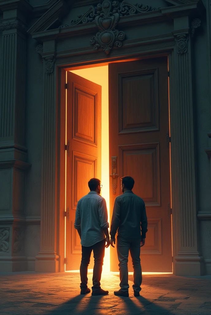 Vikram and Raj standing at the mansion's massive wooden door, looking startled as they hear a mysterious creaking sound.