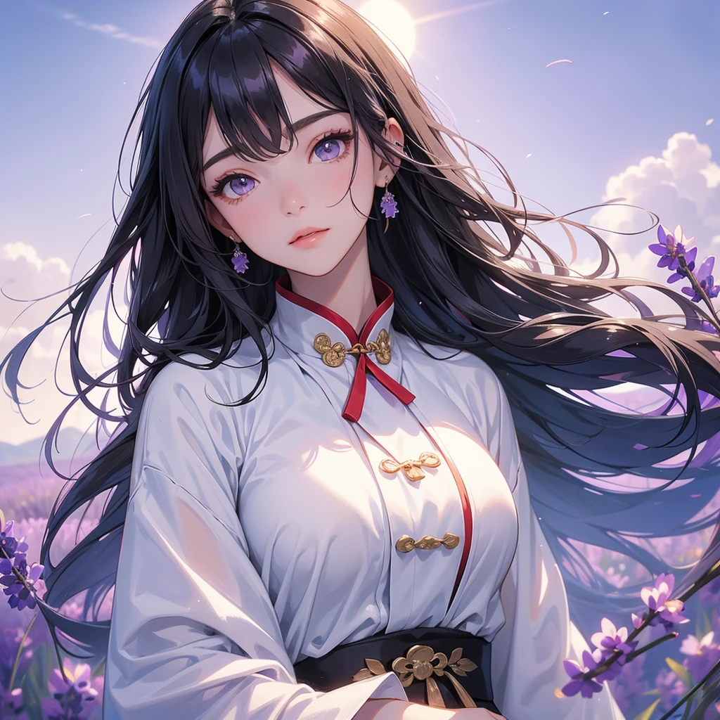 A beautiful girl with black long hair, wear white ancient chinese clothes, Stroll among the purple lavender fields , There are some floating clouds,, with the sun shining on her face, close up.