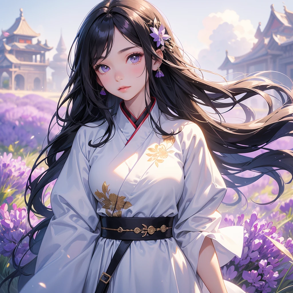 A beautiful girl with black long hair, wear white ancient chinese clothes, Stroll among the purple lavender fields , There are some floating clouds,, with the sun shining on her face, close up.