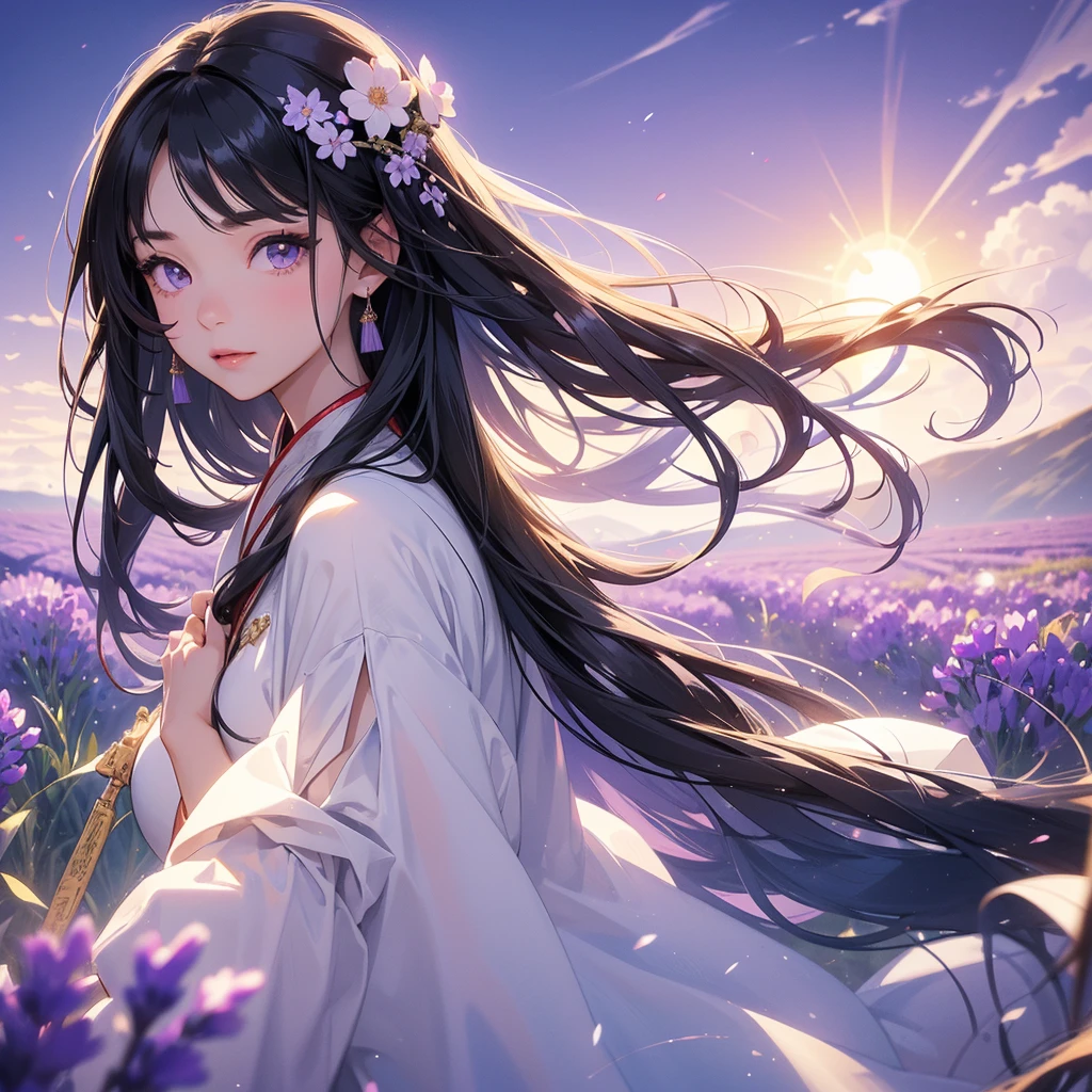 A beautiful girl with black long hair, wear white ancient chinese clothes, Stroll among the purple lavender fields , There are some floating clouds,, with the sun shining on her face, close up.