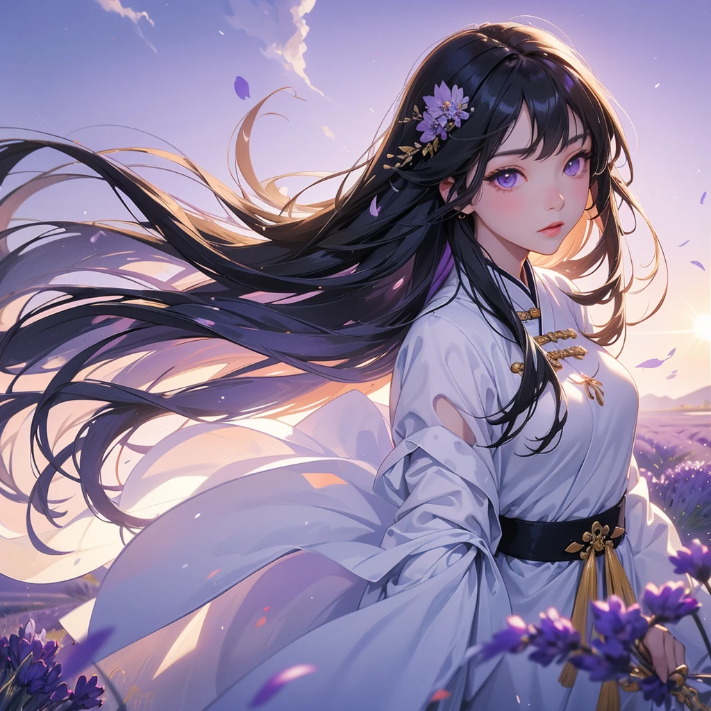 A beautiful girl with black long hair, wear white ancient chinese clothes, Stroll among the purple lavender fields , There are some floating clouds,, with the sun shining on her face, close up.