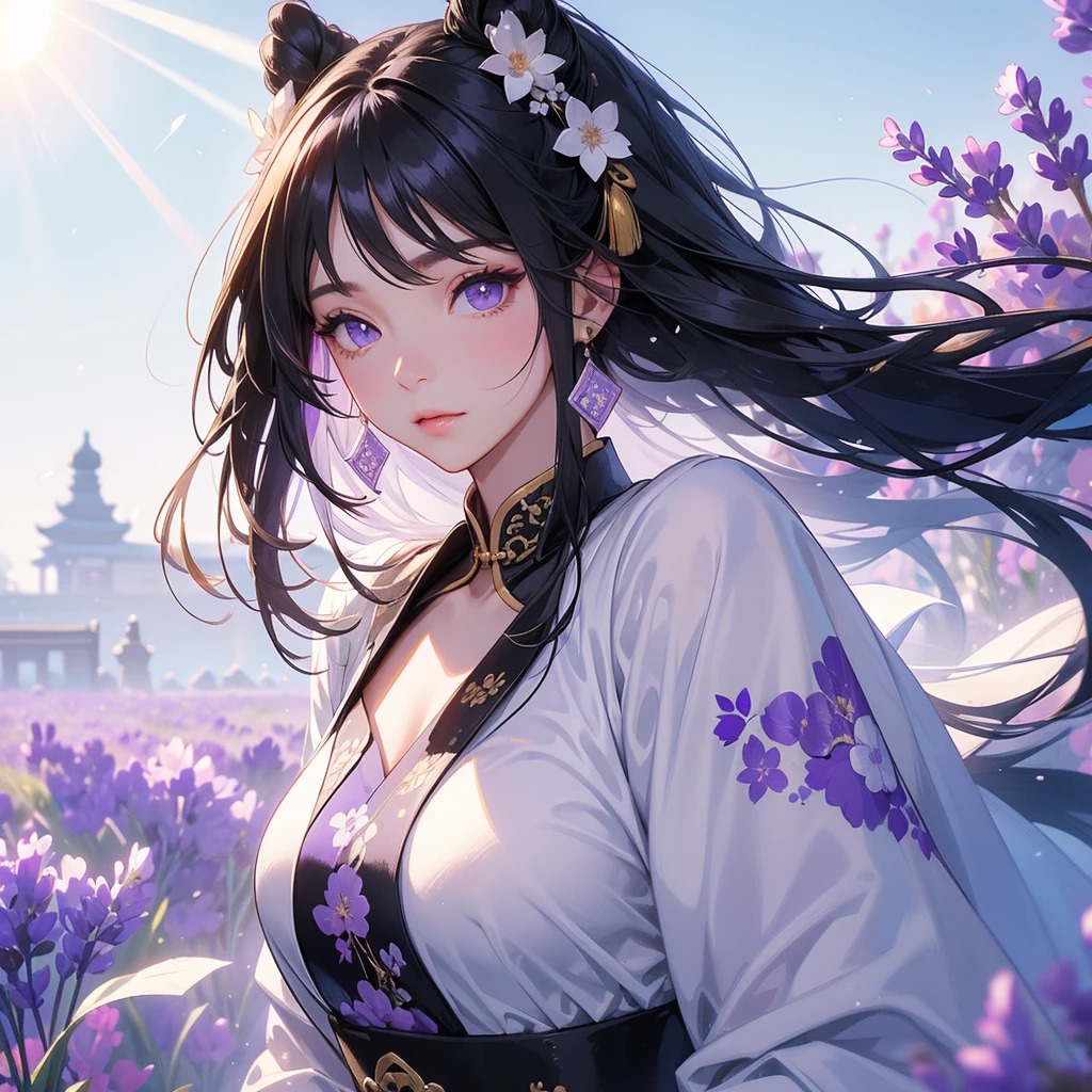 A beautiful girl with black long hair, wear white ancient chinese clothes, Stroll among the purple lavender fields , There are some floating clouds,, with the sun shining on her face, close up.