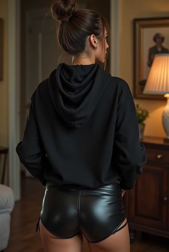 black woman hair in a bun black hoodie black leather short shorts being fucked in the ass by a old grandma in a dress
