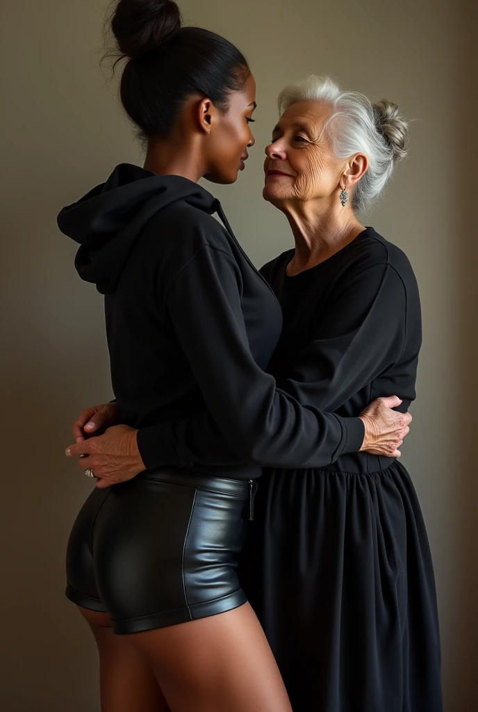 black woman hair in a bun black hoodie black leather short shorts being fucked in the ass by a old grandma in a dress
