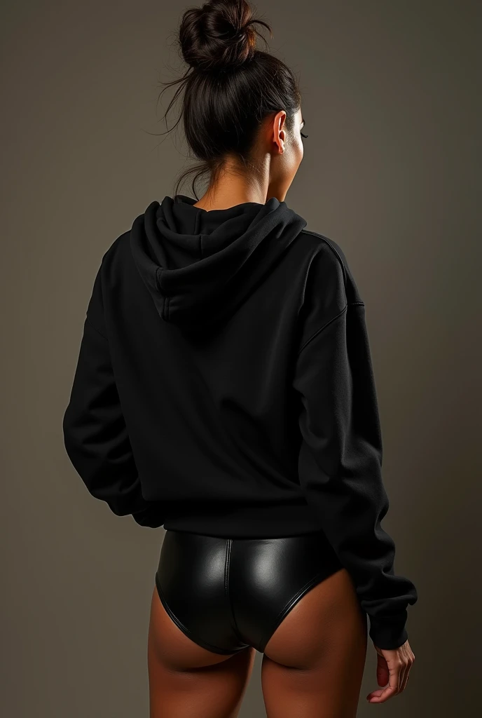 black woman hair in a bun black hoodie black leather short shorts being fucked in the ass by a old grandma in a dress