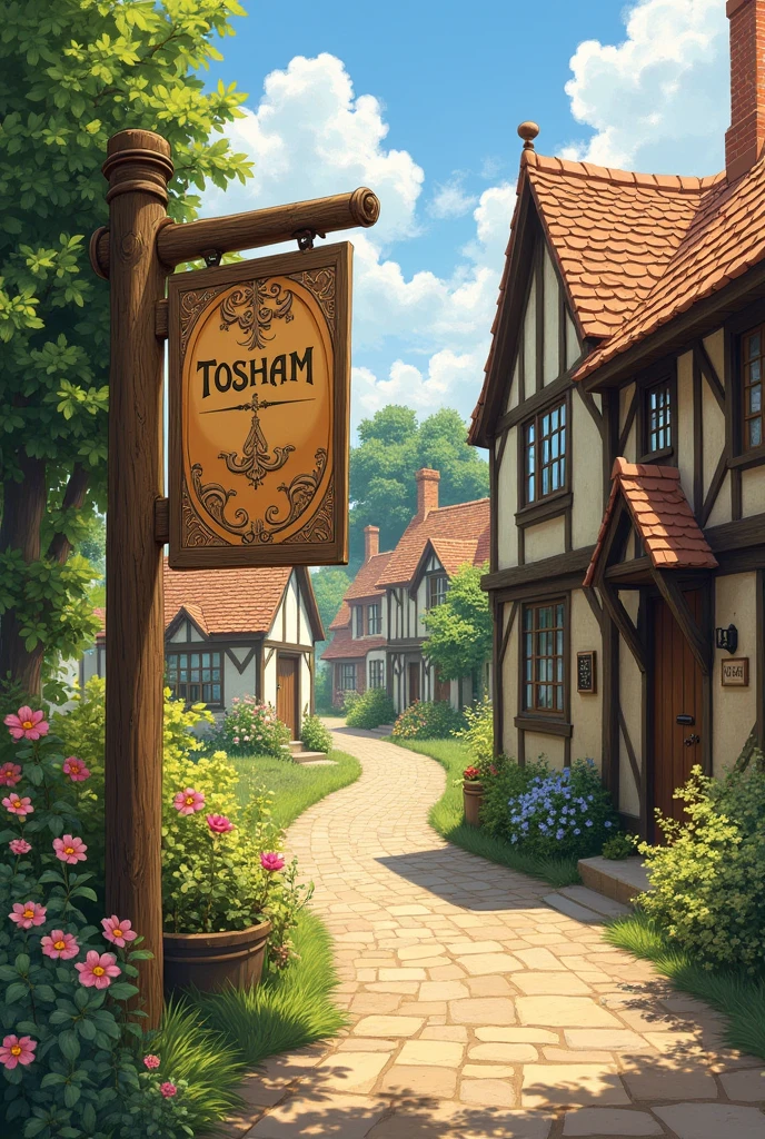 Illustration of village board outside village . Tosham is written on the board