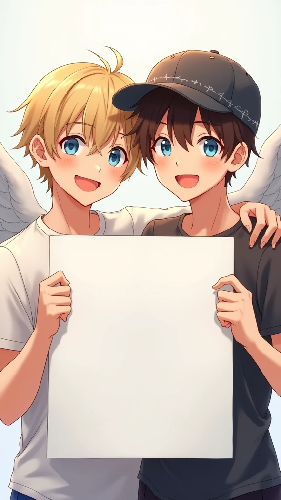 two beautiful and cute young man angel, 1 blond hair with blue eyes, 1 dark brown hair with dark brown eyes, with cap, holding up a sign  , joyful, happy, anime illustration, photorealistic, oil painting