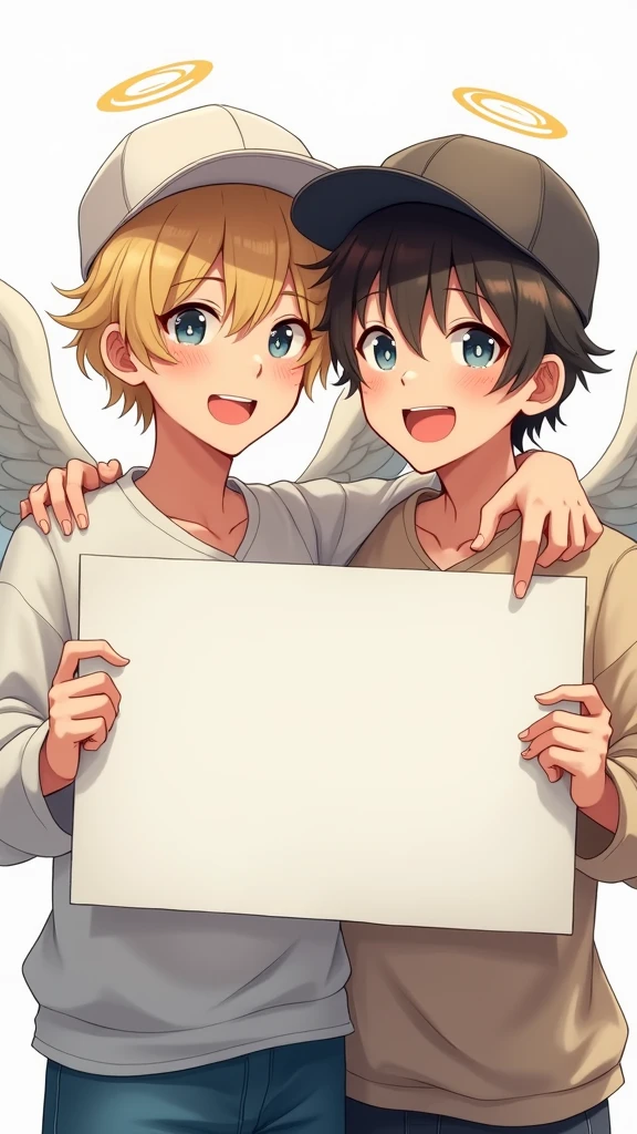 two beautiful and cute young man angel, 1 blond hair with blue eyes, 1 dark brown hair with dark brown eyes, with cap, holding up a sign , joyful, happy, anime illustration, photorealistic, oil painting