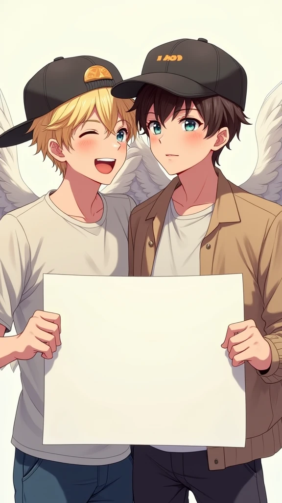 two beautiful and cute young man angel, 1 blond hair with blue eyes, 1 dark brown hair with dark brown eyes, with cap, holding up a sign , joyful, happy, anime illustration, photorealistic, oil painting