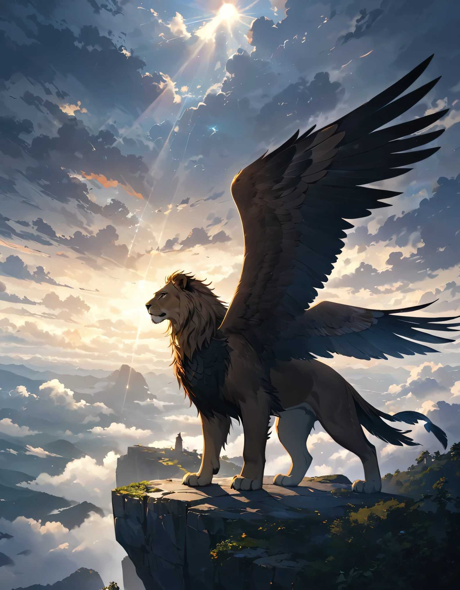 ((Amazingly absurd)),(masterpiece:1.2),超High resolution, Attention to detail, high quality, High resolution, 最high quality, 4K, 8k、Fictional Animals、Griffon、Eagle wings and upper body、Lion's lower body、Standing on a cliff、The sky is overcast and covered with thick clouds.、The sunlight shines through the gaps, creating a sacred atmosphere.