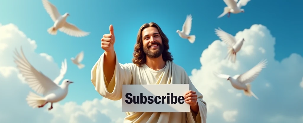 THUMBNAIL for youtube jesus giving a thumbs up with a sign saying subscribe with a background of blue sky and clouds and white doves