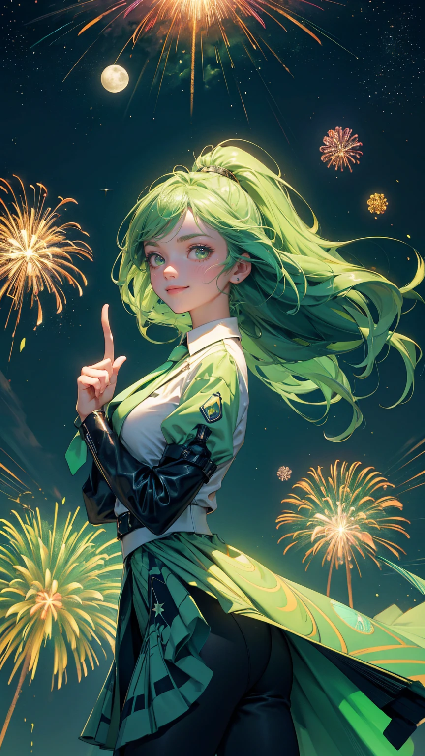 all green, everything is green, dress also green, background is green A beautiful, cute girl with a confident smile, wearing a stylish green business suit with a green tie , standing on top of a rocket labeled 'MICROCAP' soaring into a green starry sky. She is pointing toward the moon, which has a rising stock chart symbol on it. The background is filled with geen colorful fireworks, dollar bills, coins, and financial symbols floating in a cosmic environment. A grid pattern with upward-trending bar graphs and futuristic city buildings beneath adds a sense of growth and adventure. The scene is vibrant and energetic, capturing the excitement of financial success and moonshot investments in a playful, cartoonish style.