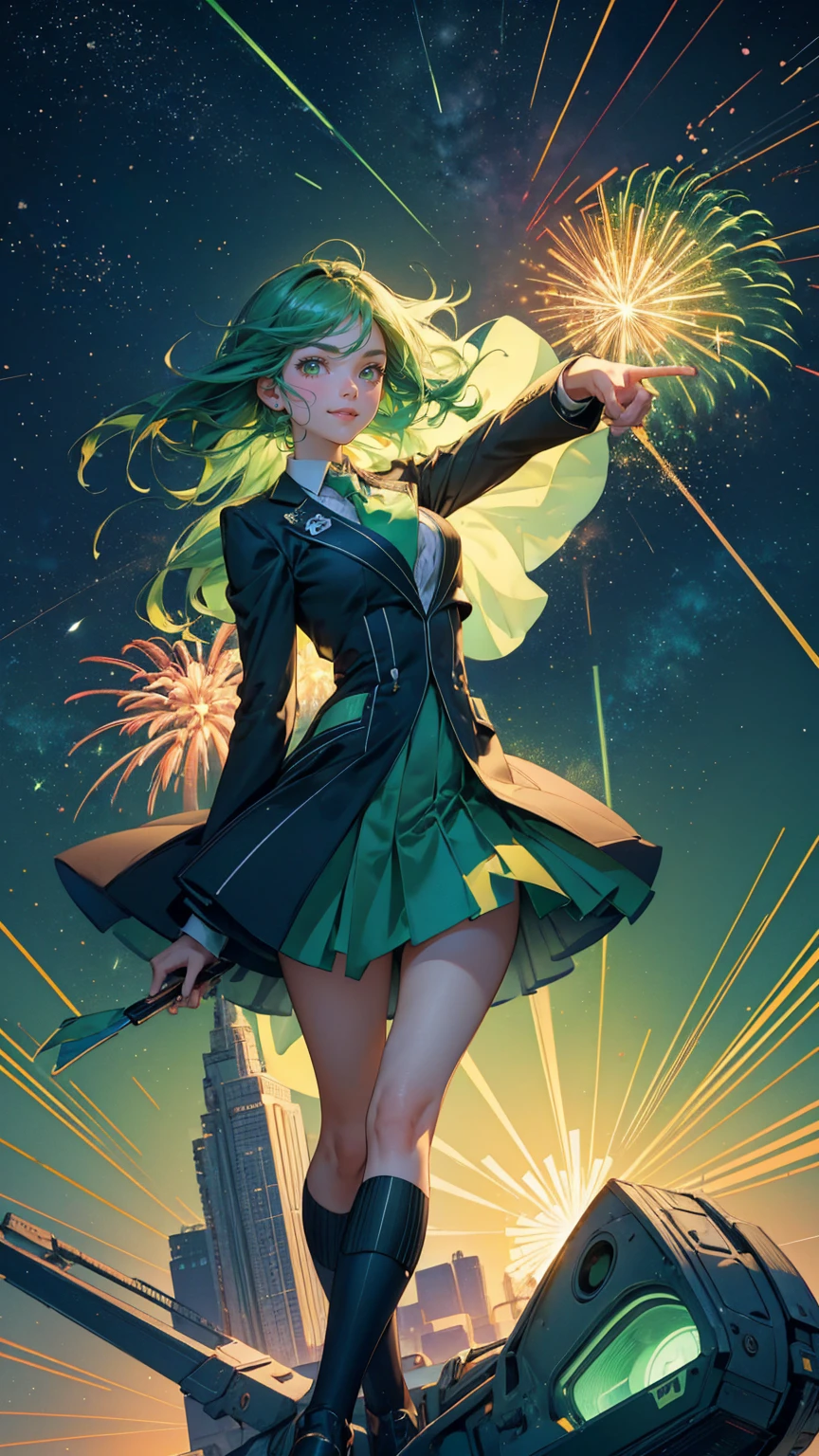 all green, everything is green, dress also green, background is green A beautiful, cute girl with a confident smile, wearing a stylish green business suit with a green tie , standing on top of a rocket labeled 'MICROCAP' soaring into a green starry sky. She is pointing toward the moon, which has a rising stock chart symbol on it. The background is filled with geen colorful fireworks, dollar bills, coins, and financial symbols floating in a cosmic environment. A grid pattern with upward-trending bar graphs and futuristic city buildings beneath adds a sense of growth and adventure. The scene is vibrant and energetic, capturing the excitement of financial success and moonshot investments in a playful, cartoonish style.
