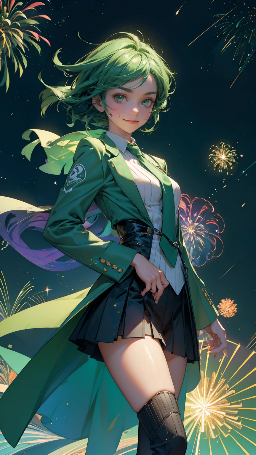 all green, everything is green, dress also green, background is green A beautiful, cute girl with a confident smile, wearing a stylish green business suit with a green tie , standing on top of a rocket labeled 'MICROCAP' soaring into a green starry sky. She is pointing toward the moon, which has a rising stock chart symbol on it. The background is filled with geen colorful fireworks, dollar bills, coins, and financial symbols floating in a cosmic environment. A grid pattern with upward-trending bar graphs and futuristic city buildings beneath adds a sense of growth and adventure. The scene is vibrant and energetic, capturing the excitement of financial success and moonshot investments in a playful, cartoonish style.