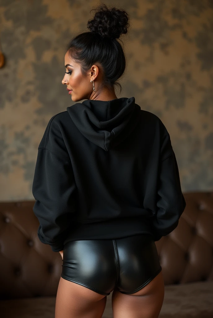 black woman hair in a bun black hoodie black leather short shorts being fucked in the ass by a old grandma in a dress