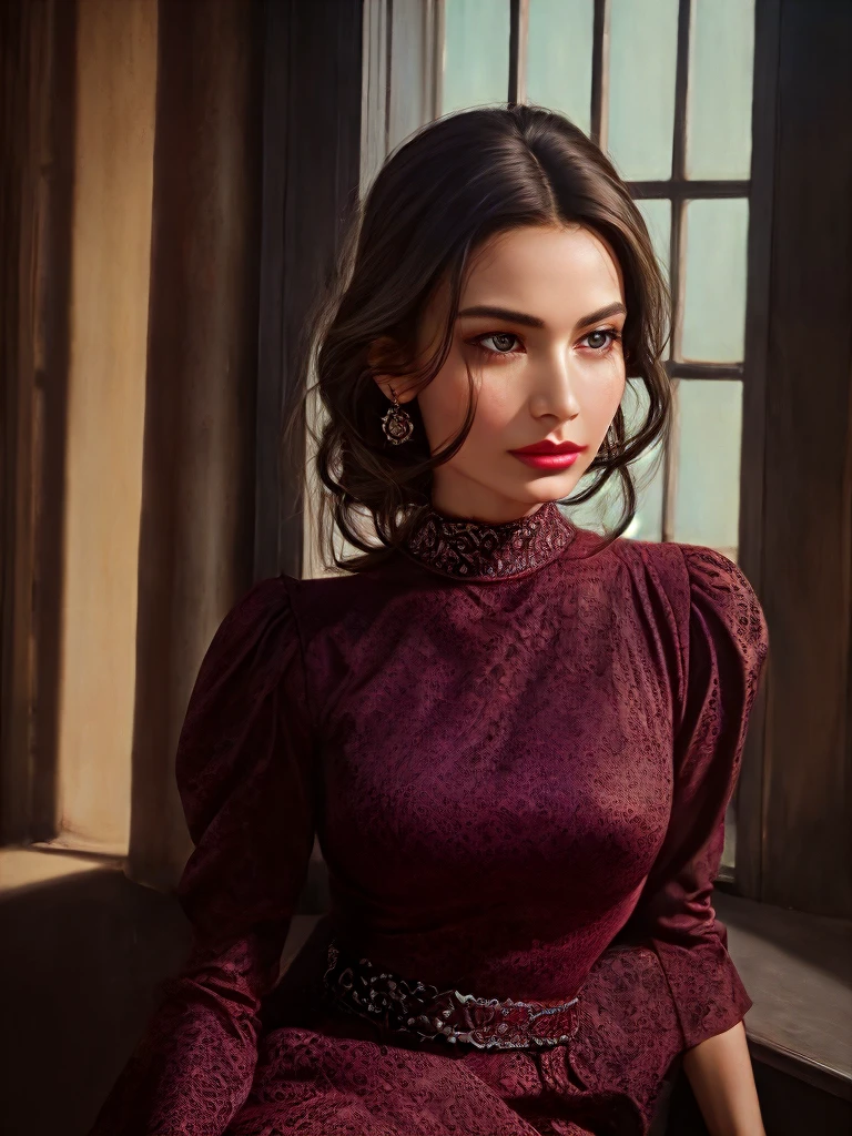 A beautiful woman, brunette hair, midi dress, puffed sleeve, red lips, gorgeous, photorealistic, high quality, detailed portrait, intricate details, warm lighting, natural skin tones, dramatic lighting, fine art, elegant, cinematic, dramatic, dramatic shadows, chiaroscuro, painterly, realistic, hyperrealistic, 8k, ultra-detailed