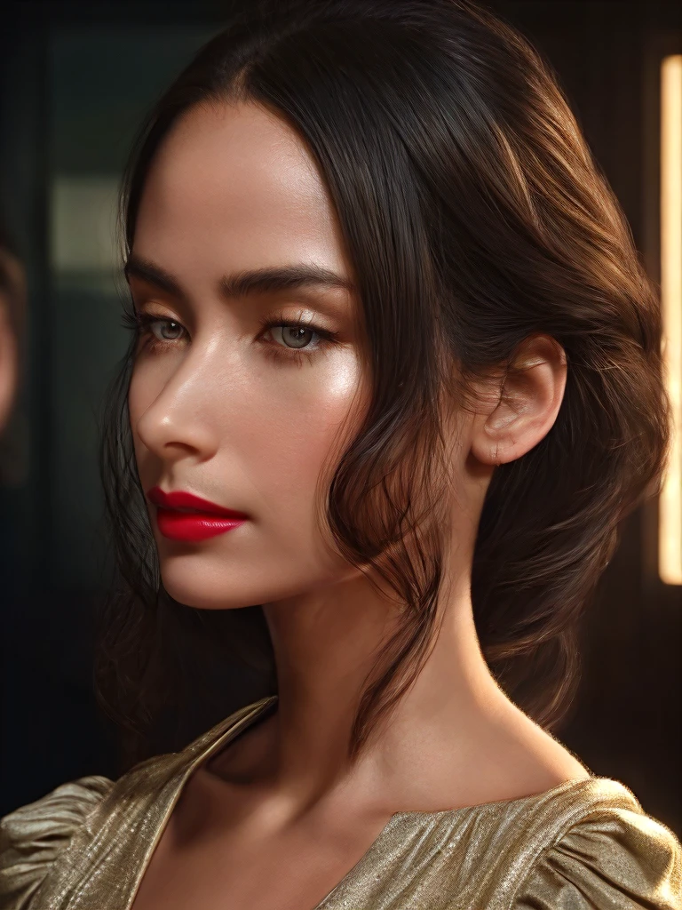 A beautiful woman, brunette hair, midi dress, ed sleeve, red lips, gorgeous, photorealistic, high quality, detailed portrait, intricate details, warm lighting, natural skin tones, dramatic lighting, fine art, elegant, cinematic, dramatic, dramatic shadows, chiaroscuro, painterly, realistic, hyperrealistic, 8k, ultra-detailed