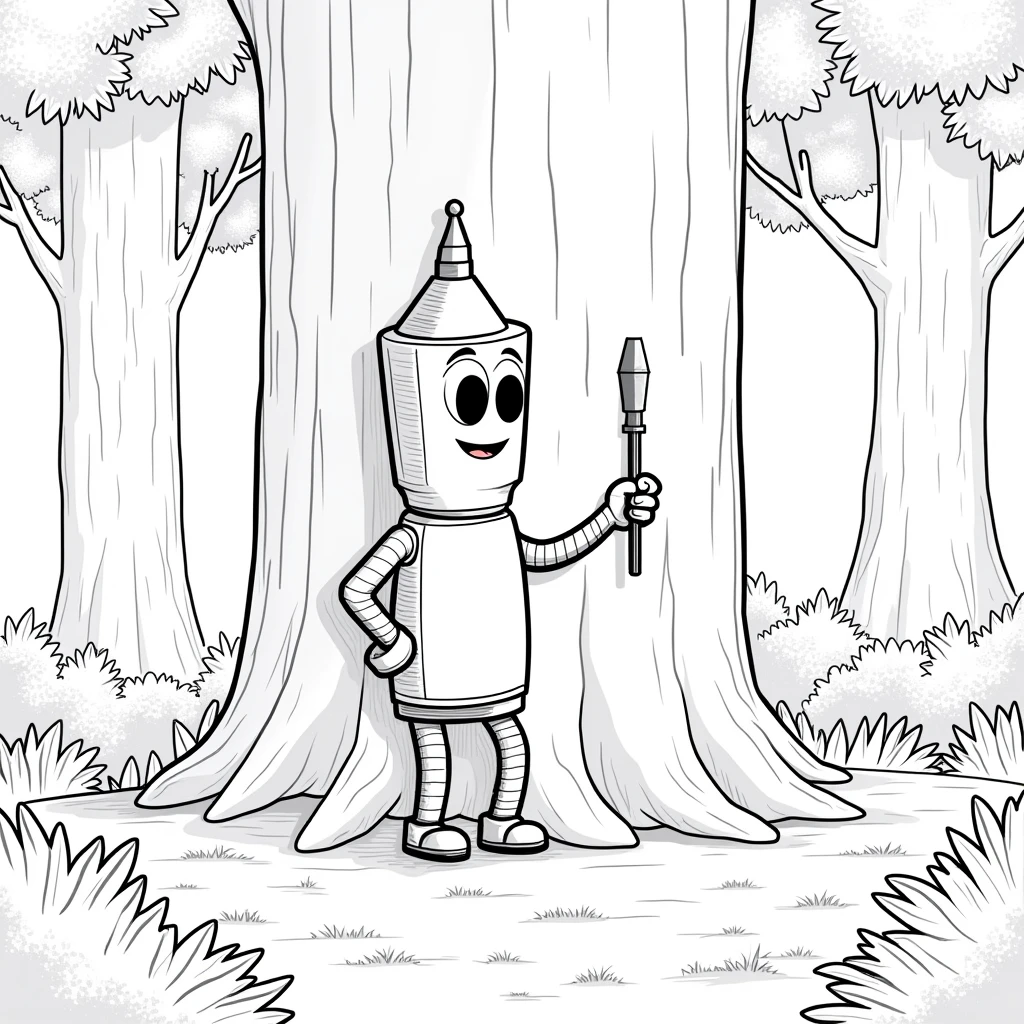 Draw a screwdriver as a tree marker scribbling (1) on a tree trunk, add natural trees and leaves in the background, generate high quality image, black and white line art image