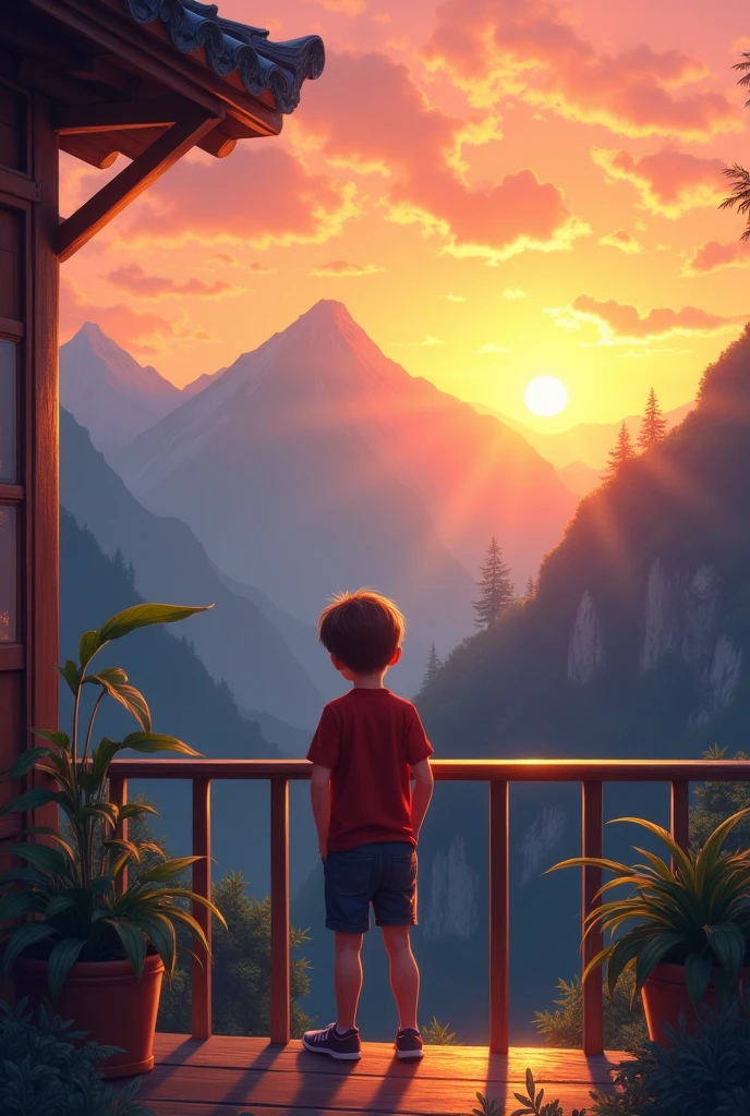 A boy full body back standing on the balcony and seeing the beauty of mountains and there also sunsetsunset between montains