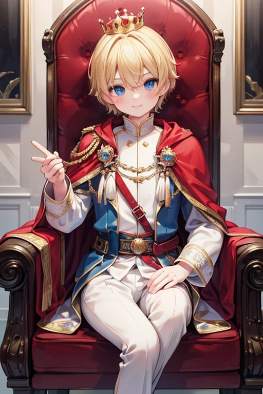 masterpiece, Highest quality, Very detailed, 16K, Ultra-high resolution, Perfect Fingers, Detailed face, One Boy, blue eyes, Blonde, smile, Red Cape, Luxurious clothes, crown, royal palace, Sitting on the throne