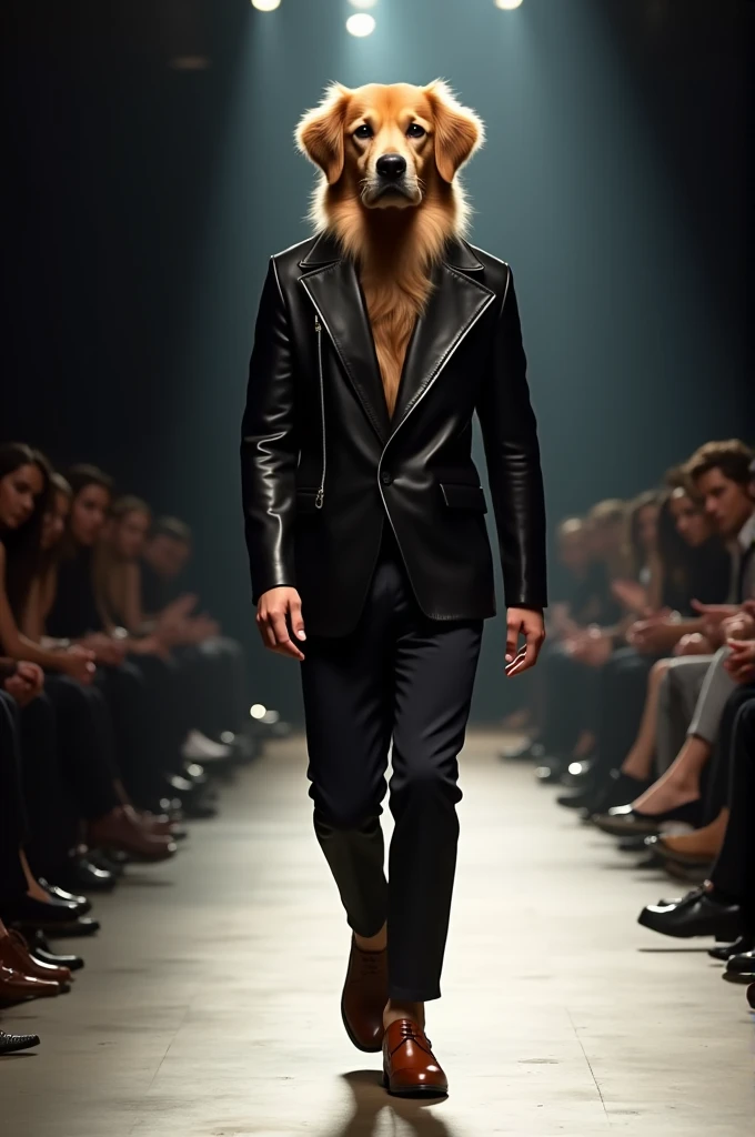 A cinematic fashion show featuring a figure wearing a black leather jacket, brown shoes and dark pants. The figure should be low and have the head of a cute golden retriever, confidently walk the runway. The background should have dramatic lighting and the audience sitting on the sides watching the show.