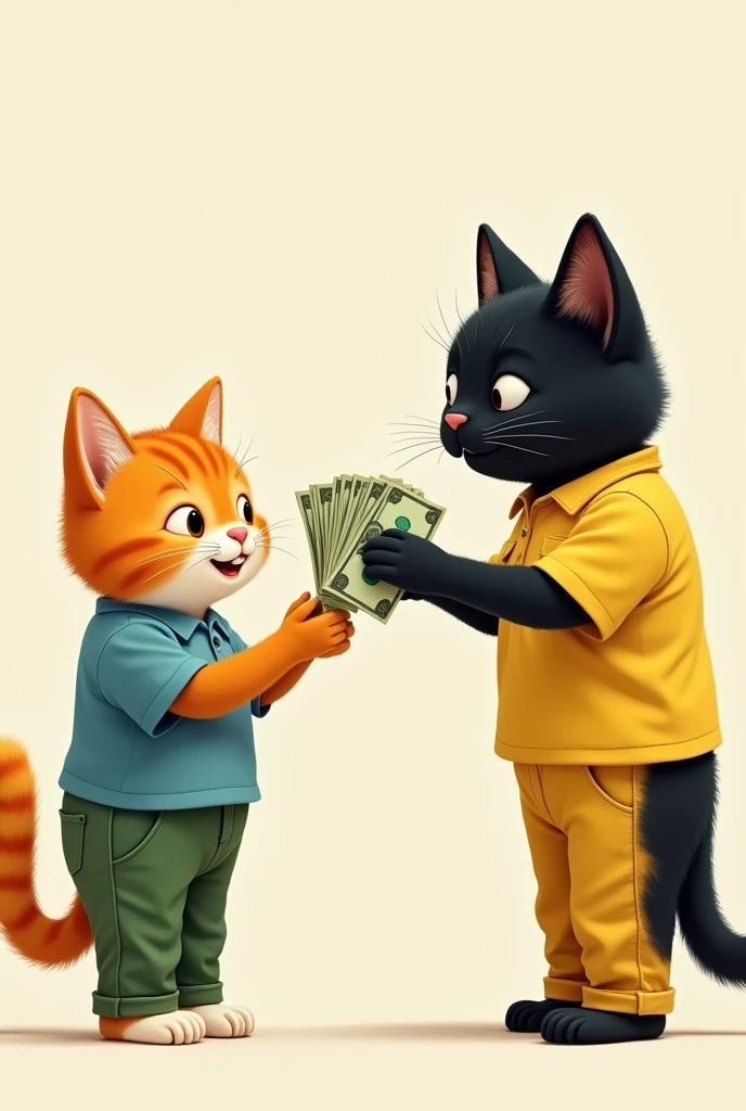 The orange cat in the blue shirt and green pants smiled because a black cat in the yellow shirt and yellow pants gave him money.