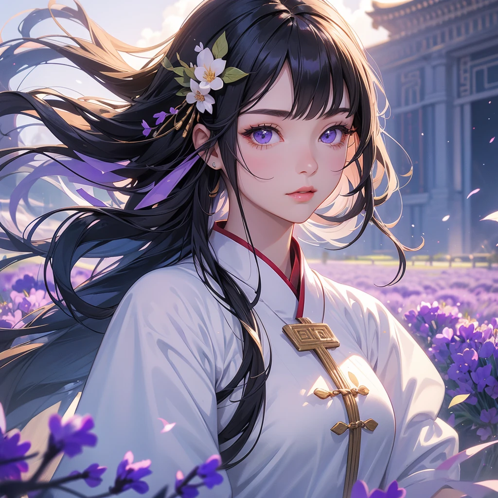 A beautiful girl with black long hair, wear white ancient chinese clothes, Stroll among the purple lavender fields , There are some floating clouds,, with the sun shining on her face, close up.