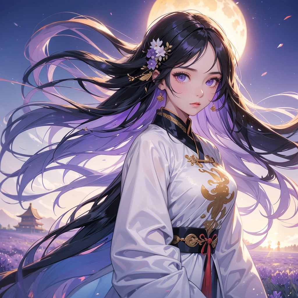 A beautiful girl with black long hair, wear white ancient chinese clothes, Stroll among the purple lavender fields , There are some floating clouds,, with the sun shining on her face, close up.