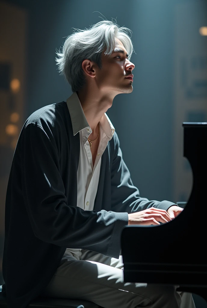 pianist Performing male 30th Generation Silver Hair shirt Open-neck jacket Look up