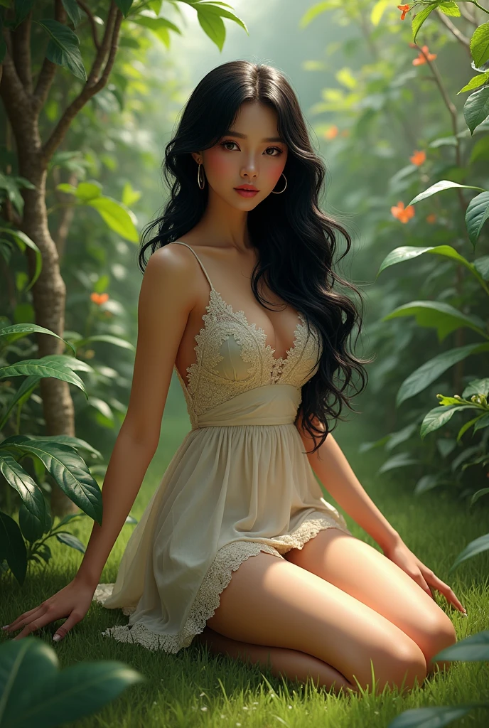 (photorealism:1.2), beautiful woman, sitting on grass, wearing mini dress, long black hair, outdoor, soft lighting, plants in background, realistic, intricate details, by Greg Rutkowski, by Alphonse Mucha