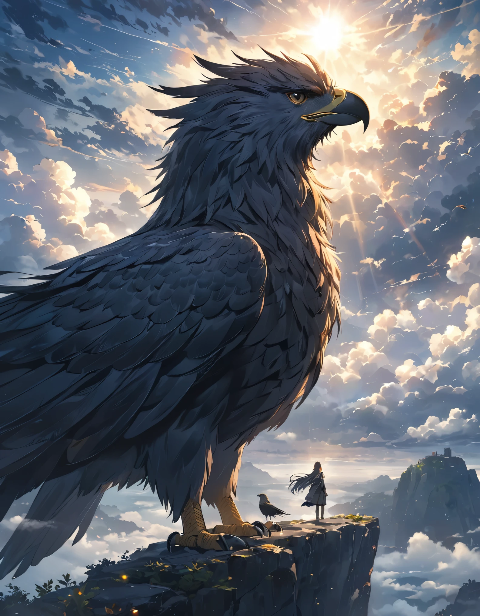 ((Amazingly absurd)),(masterpiece:1.2),超High resolution, Attention to detail, high quality, High resolution, 最high quality, 4K, 8k、Fictional Animals、((Griffon))、Standing on a cliff、The sky is overcast and covered with thick clouds.、The sunlight shines through the gaps, creating a sacred atmosphere.、Shout to the sky、Close-up
