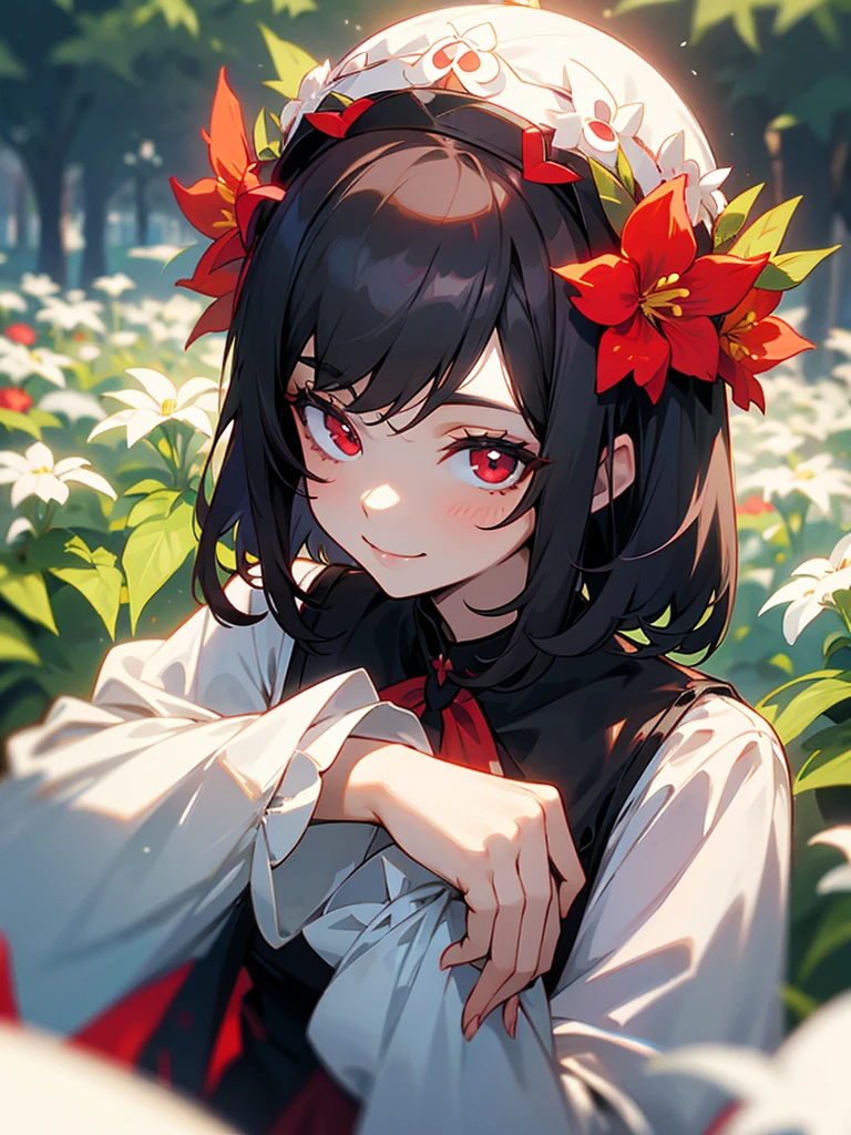 My sister with short black hair, red eyes, cute smile, milf, long sleeve shirt, flower crown, in the garden, focus on the face.