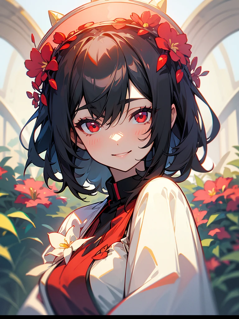 My sister with short black hair, red eyes, cute smile, milf, long sleeve shirt, flower crown, in the garden, focus on the face.